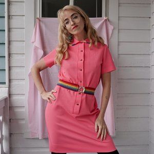 Pink 1970s reworked Lacoste rainbow dress